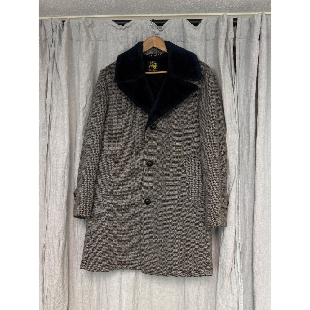 Alexander's Vintage Pure Wool Herringbone Overcoat Faux Fur Collar Grey 38R